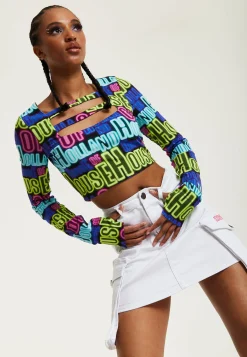 House of Holland Printed Multicolour Crop Top With Cut Out Details
