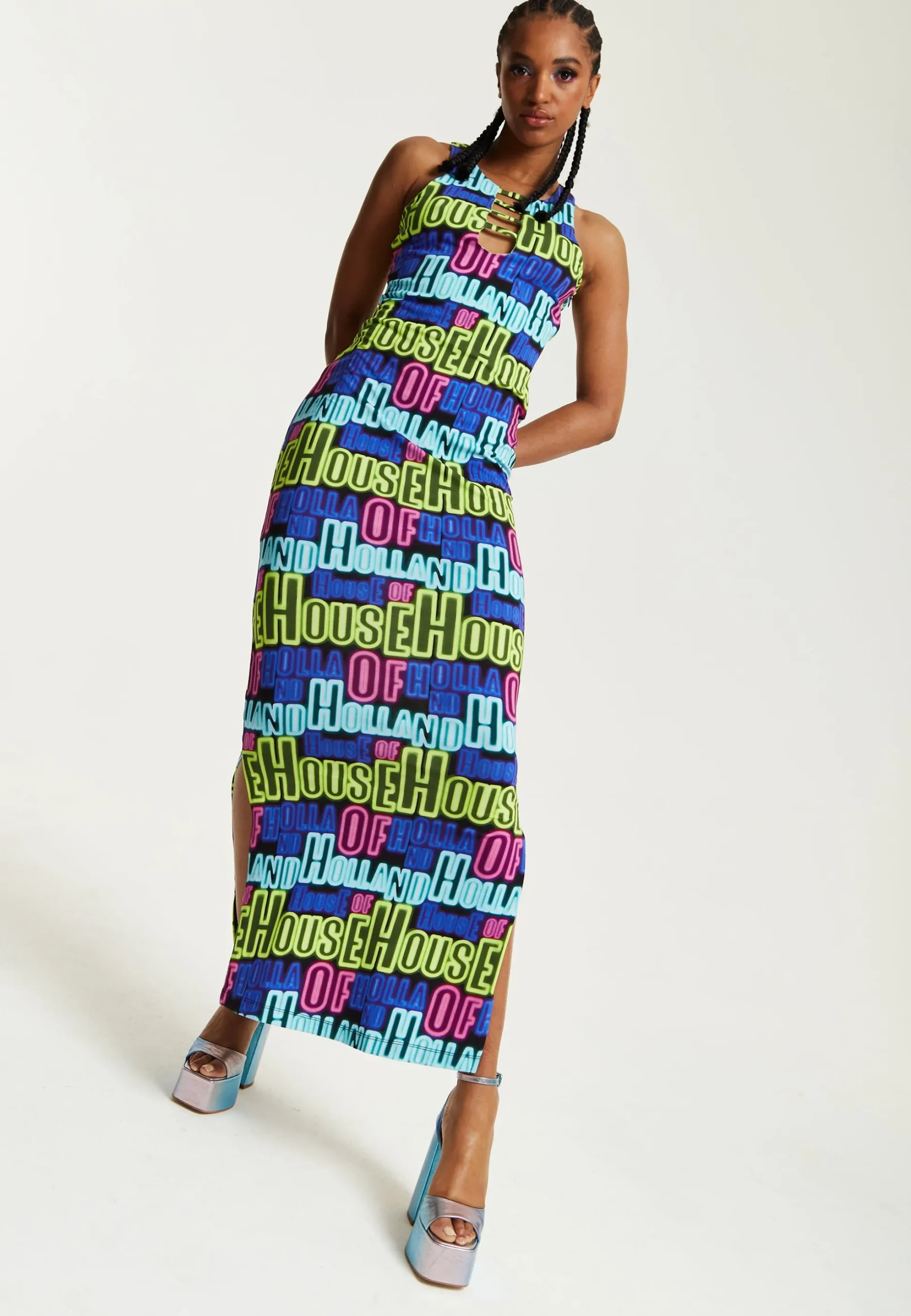 House of Holland Printed Multicolour Maxi Dress With Cut Out Details