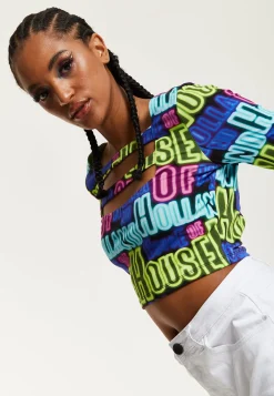 House of Holland Printed Multicolour Crop Top With Cut Out Details