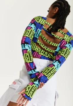 House of Holland Printed Multicolour Crop Top With Cut Out Details