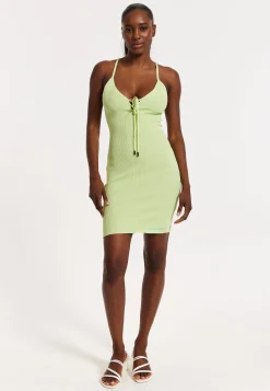 House of Holland Ribbed Knit Green Mini Dress with Tie Front Detail