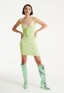 House of Holland Ribbed Knit Green Mini Dress with Tie Front Detail