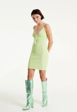 House of Holland Ribbed Knit Green Mini Dress with Tie Front Detail