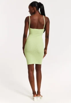 House of Holland Ribbed Knit Green Mini Dress with Tie Front Detail