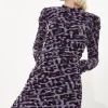 House Of Holland Rouched Mesh Long Sleeve Printed Mini Dress In Purple