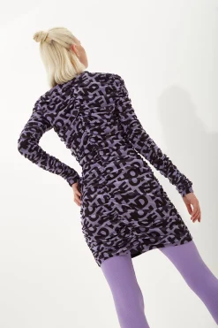 House Of Holland Rouched Mesh Long Sleeve Printed Mini Dress In Purple