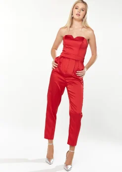 House Of Holland Satin Bandeau Jumpsuit In Red