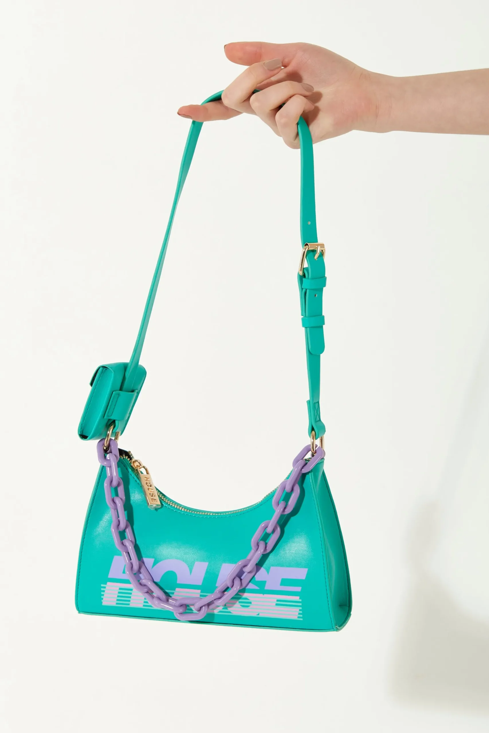 House Of Holland Shoulder Bag In Turquoise With ‘House’ Print