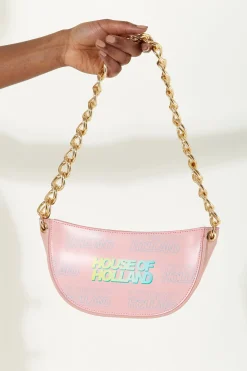 House Of Holland Shoulder Bag In Baby Pink With A Gold Chain Strap And