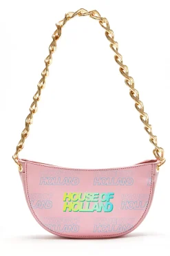 House Of Holland Shoulder Bag In Baby Pink With A Gold Chain Strap And