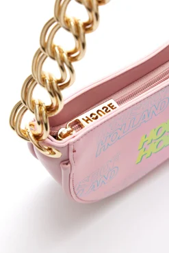 House Of Holland Shoulder Bag In Baby Pink With A Gold Chain Strap And