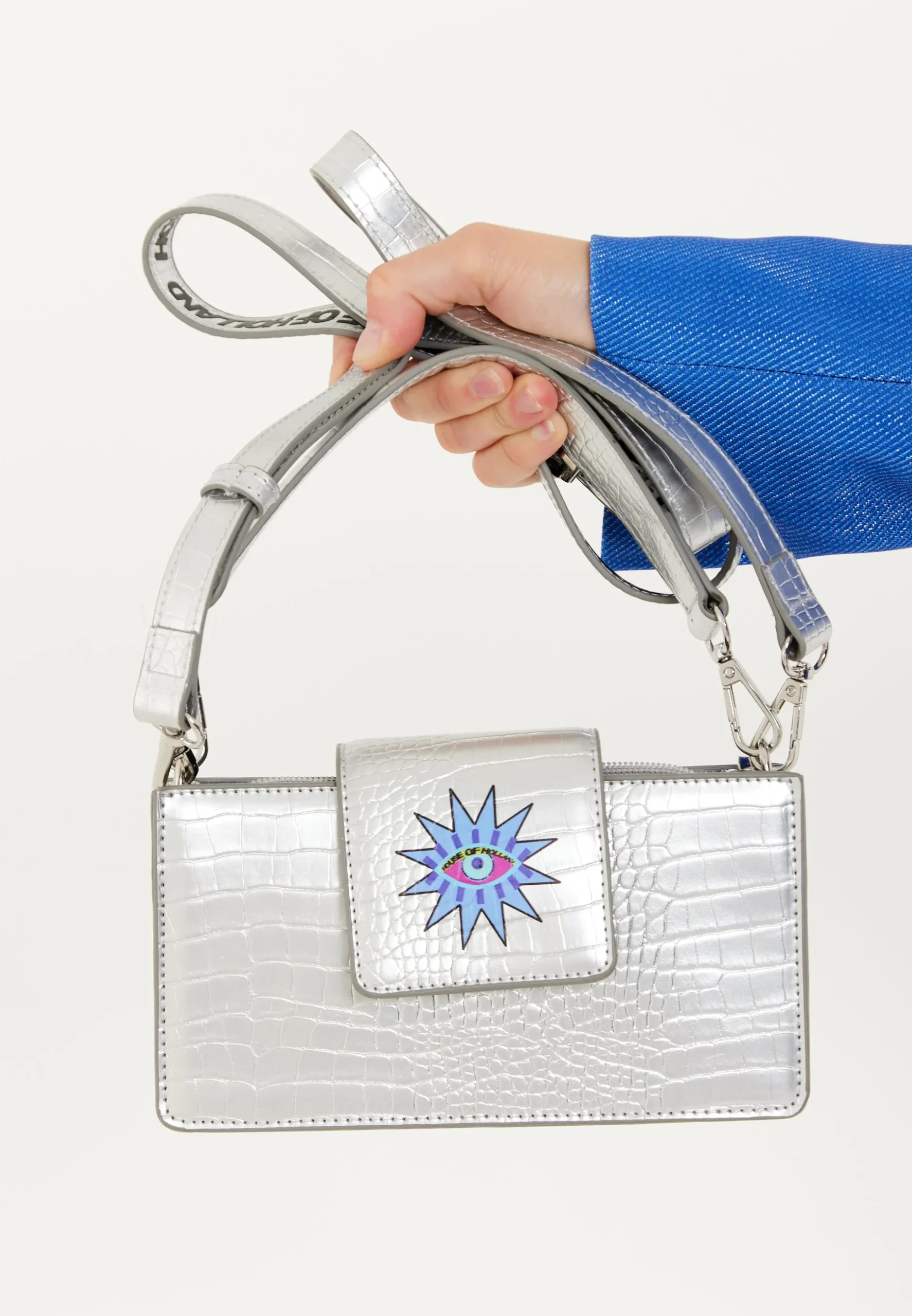 House of Holland Small Crossbody Bag in Silver with Printed Logo