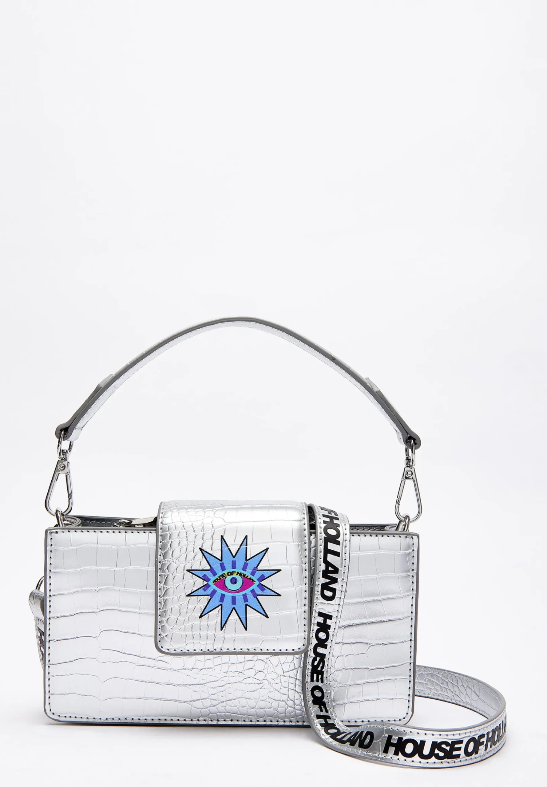House of Holland Small Crossbody Bag in Silver with Printed Logo