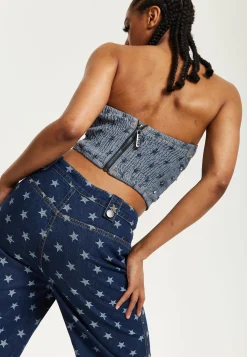 House of Holland Star Print Grey Denim Bandeau Top