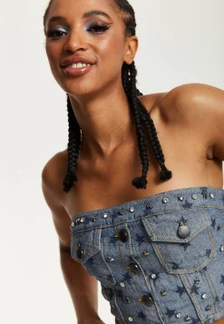House of Holland Star Print Grey Denim Bandeau Top