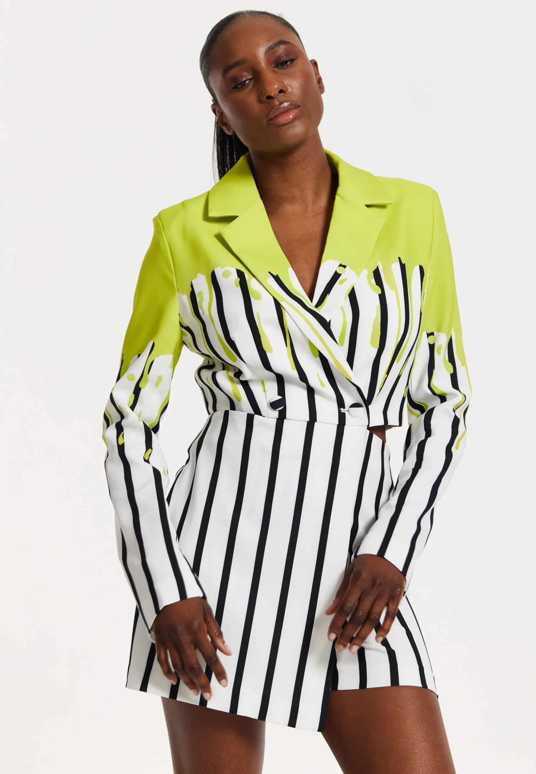 House Of Holland Stripe Monochrome Acid Green Splash Skort Playsuit