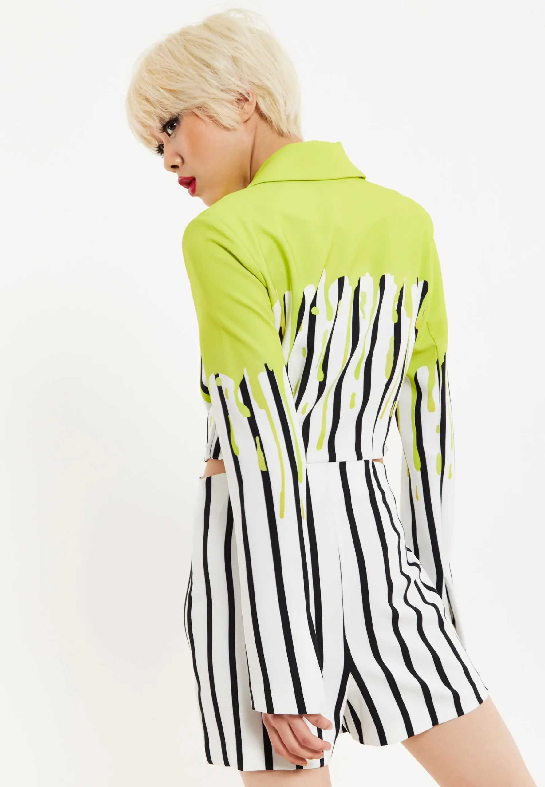 House Of Holland Stripe Monochrome Acid Green Splash Skort Playsuit