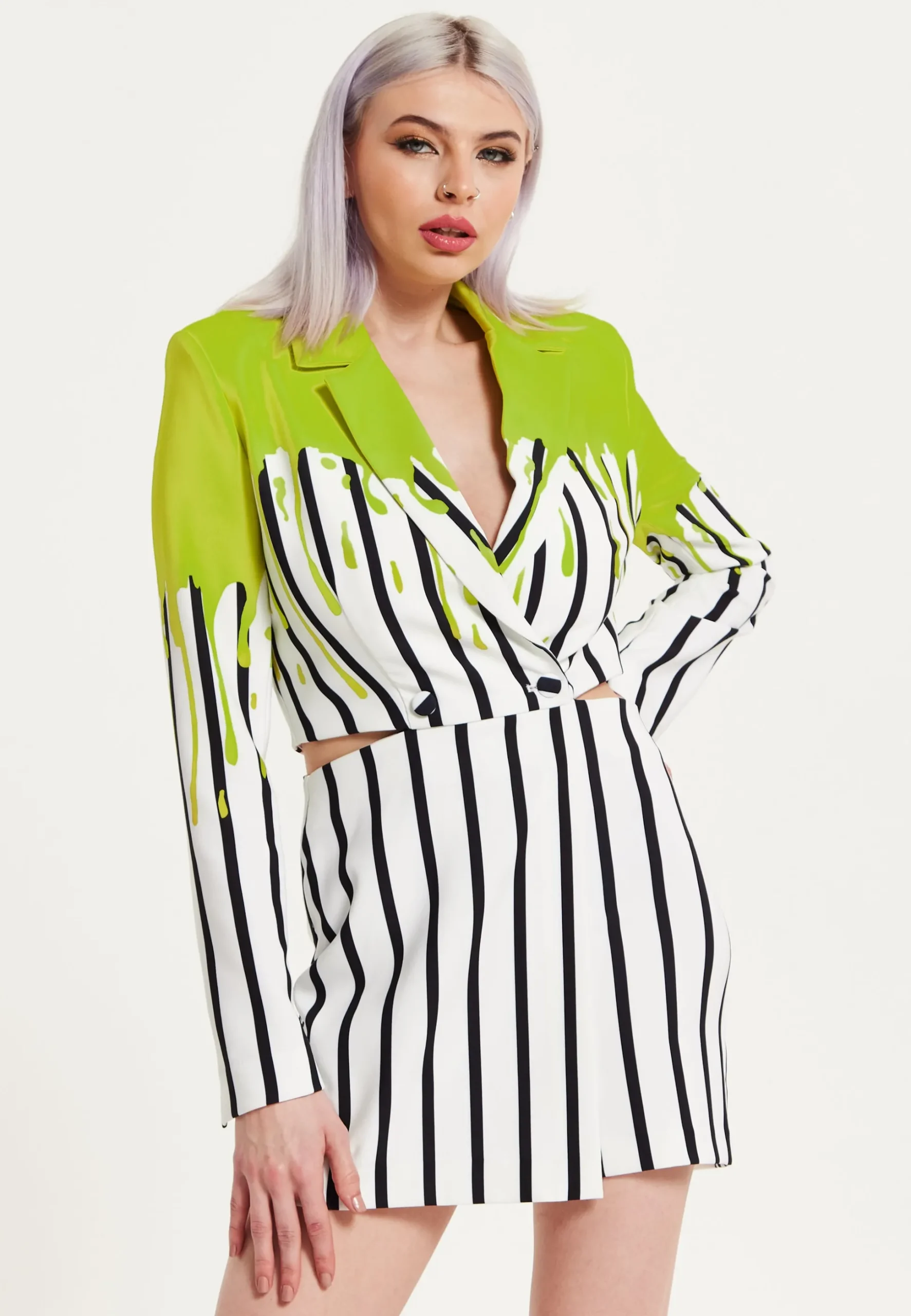 House Of Holland Stripe Monochrome Acid Green Splash Skort Playsuit