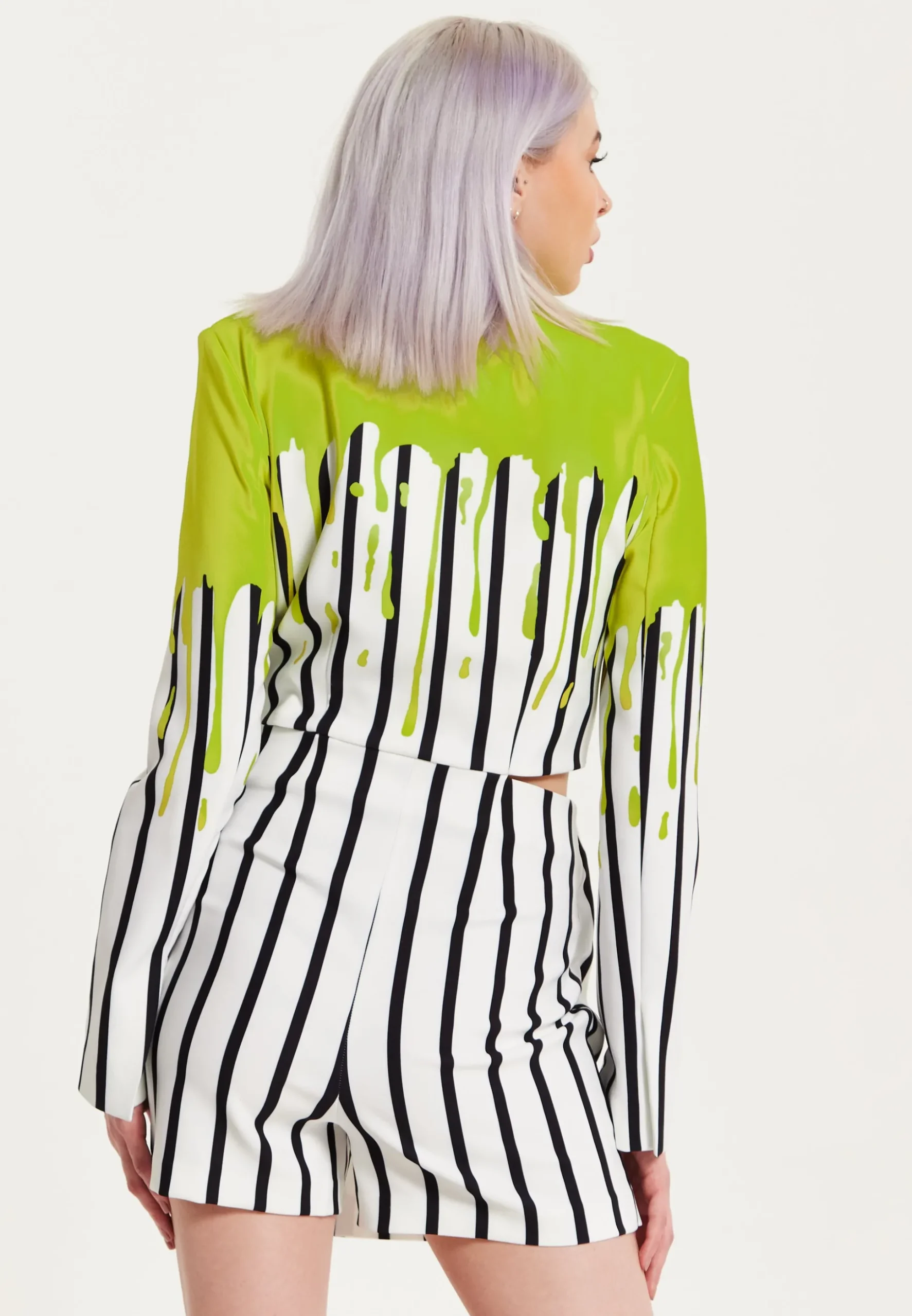 House Of Holland Stripe Monochrome Acid Green Splash Skort Playsuit