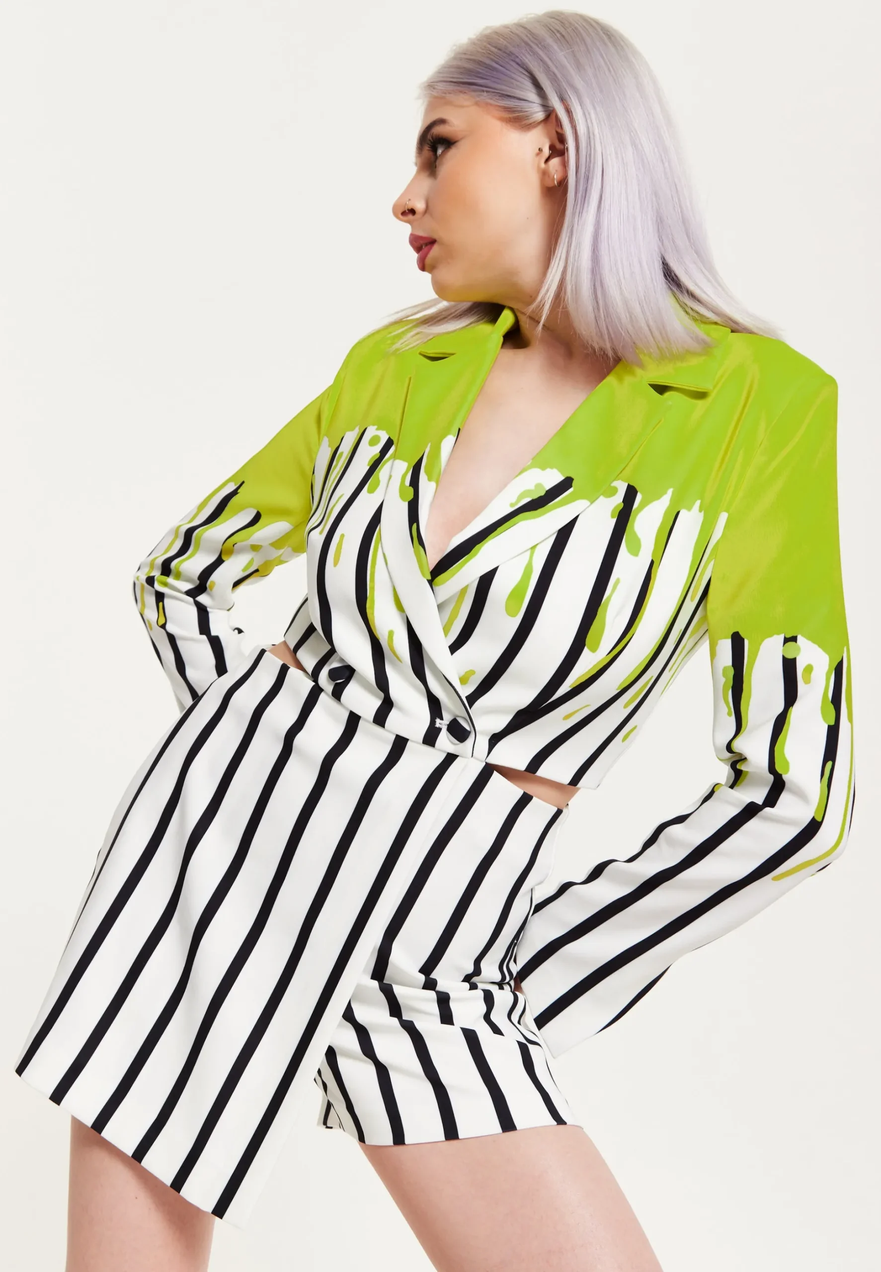 House Of Holland Stripe Monochrome Acid Green Splash Skort Playsuit