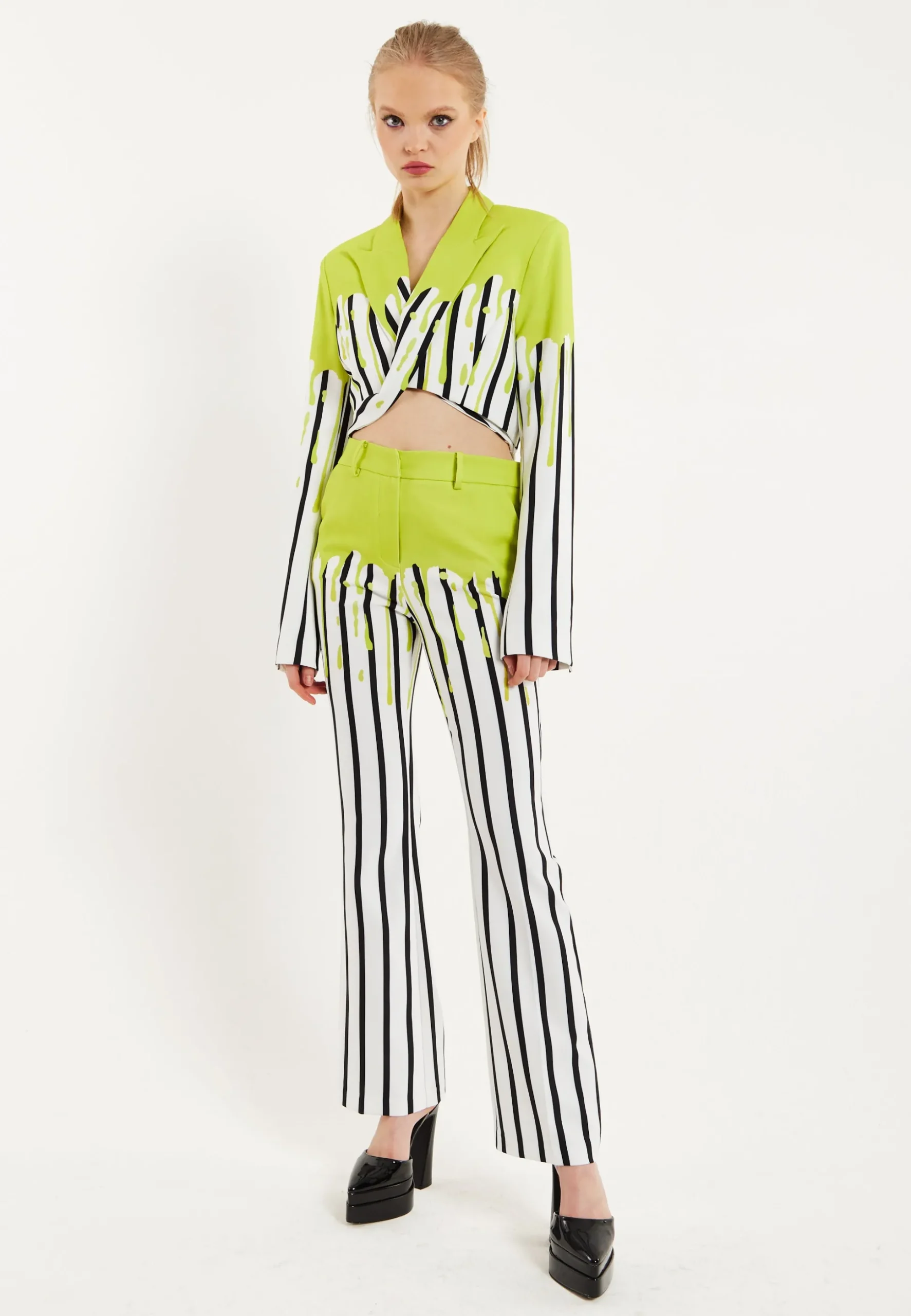 House Of Holland Stripe Monochrome Acid Green Splash Trousers