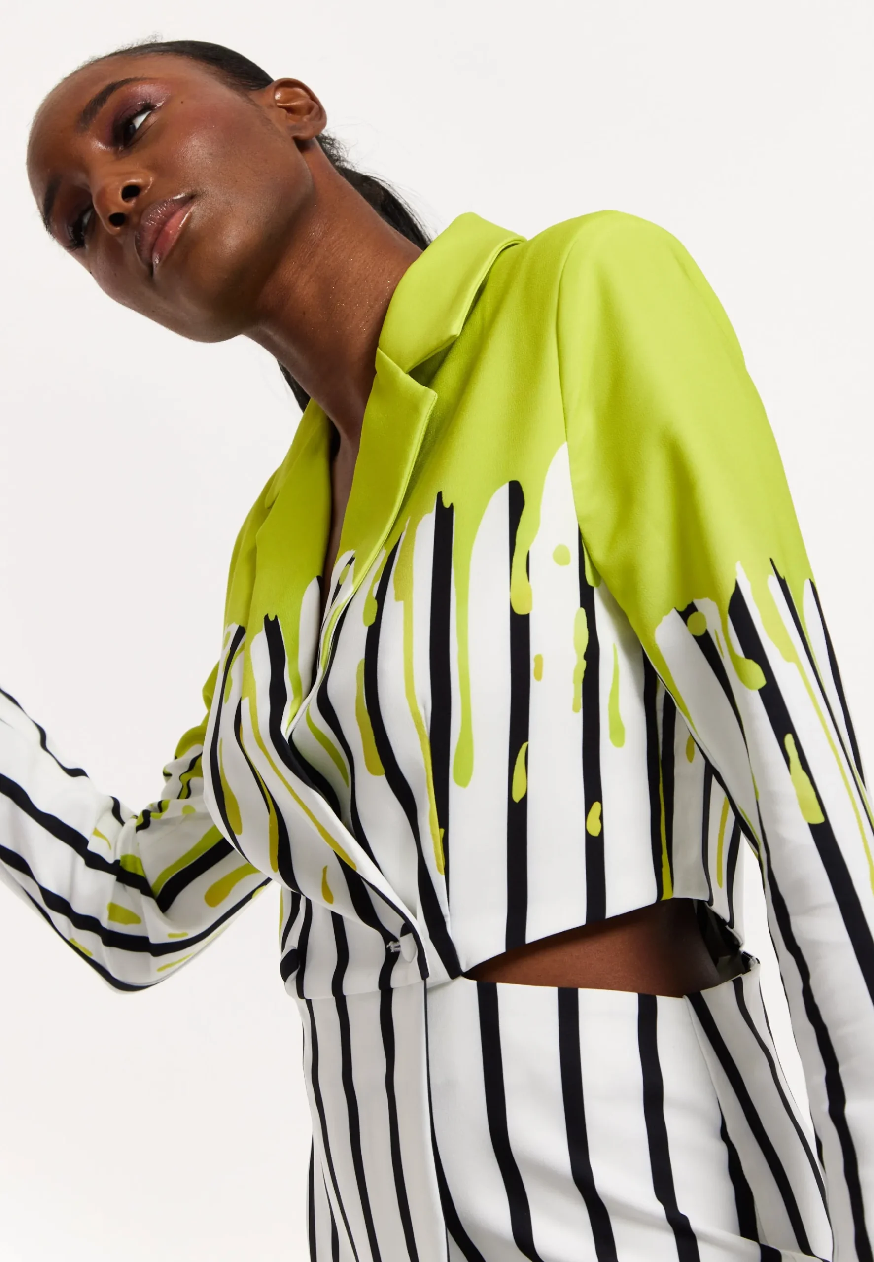 House Of Holland Stripe Monochrome Acid Green Splash Skort Playsuit