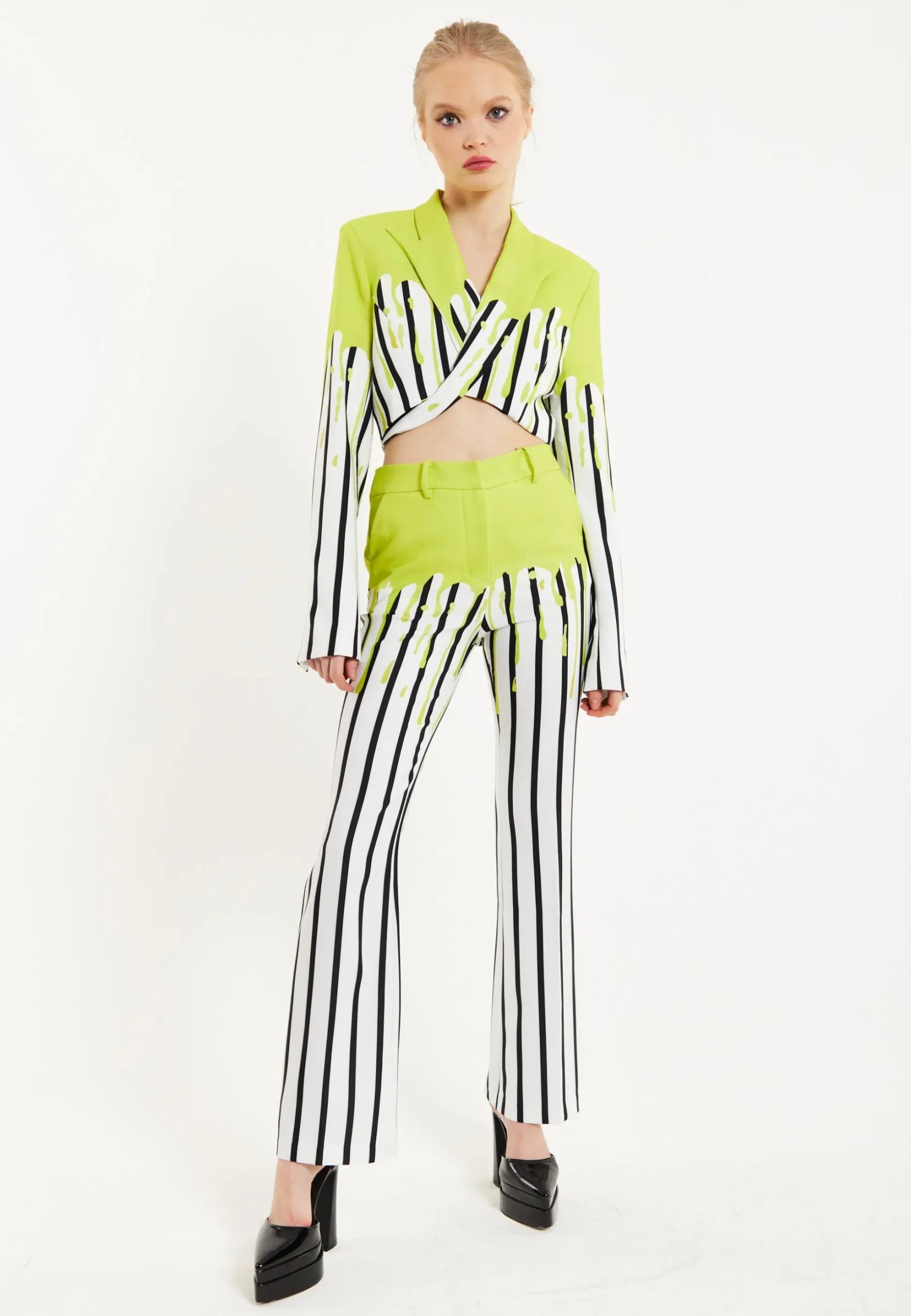 House Of Holland Stripe Monochrome Acid Green Splash Trousers