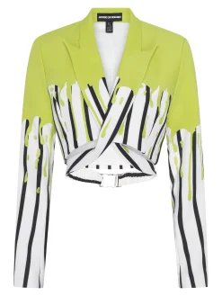 House Of Holland Stripe Monochrome Acid Green Splash Crop Blazer With