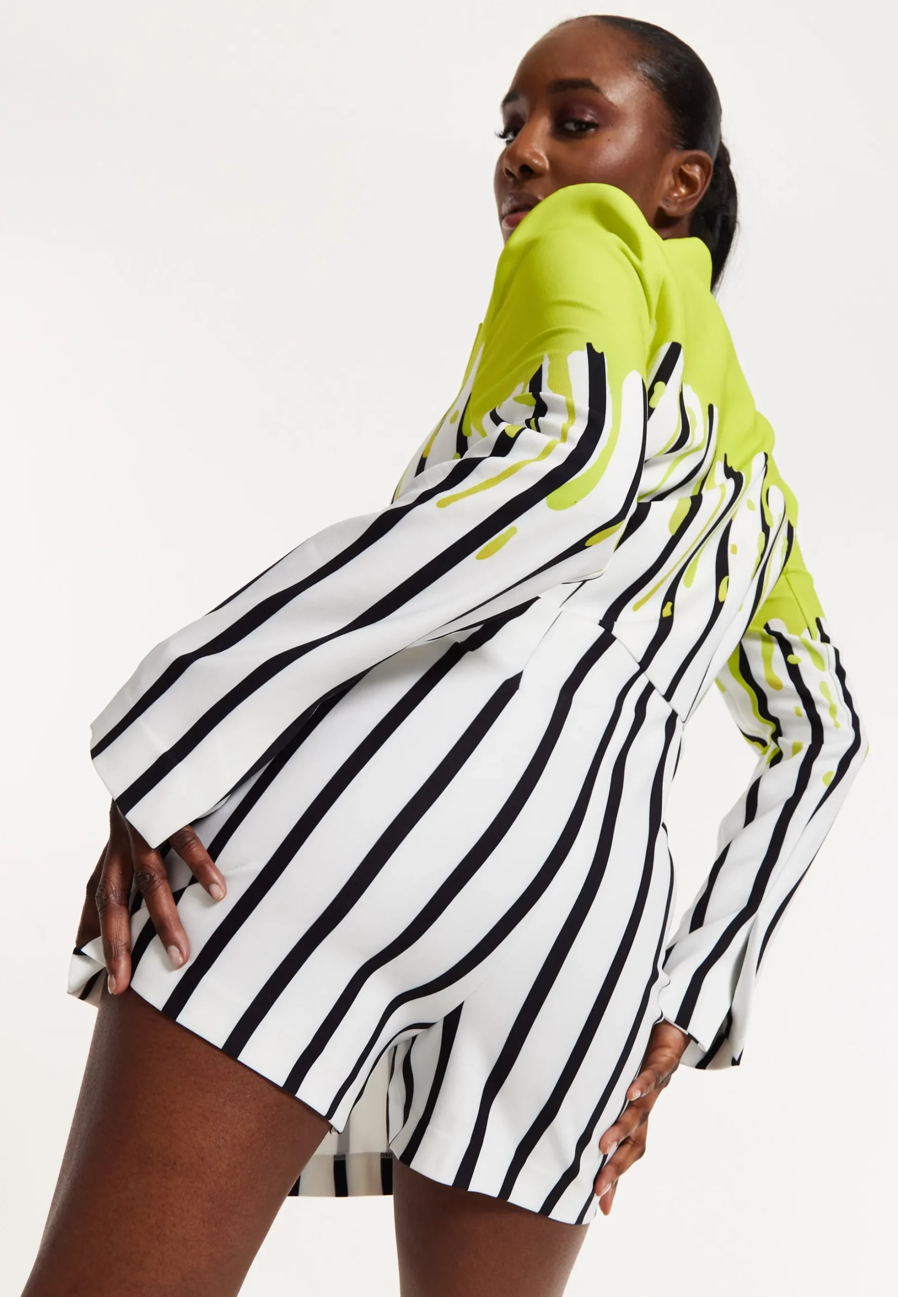 House Of Holland Stripe Monochrome Acid Green Splash Skort Playsuit