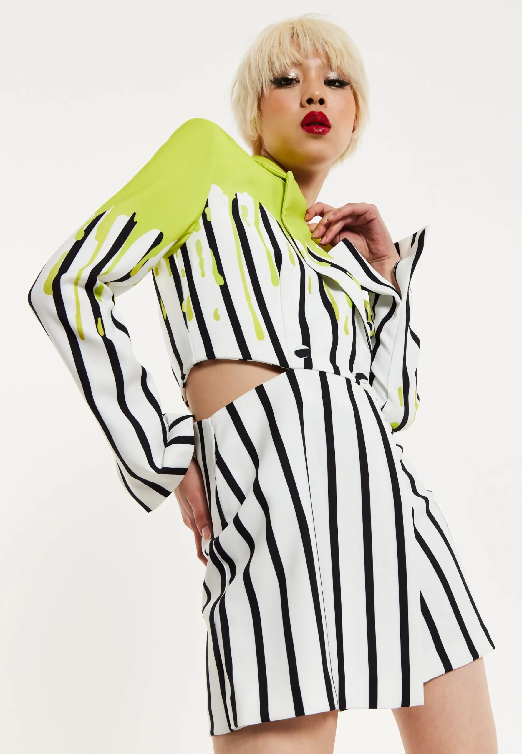 House Of Holland Stripe Monochrome Acid Green Splash Skort Playsuit