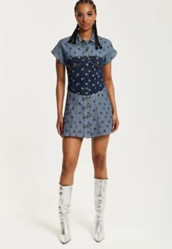 House of Holland Two Tone Denim Star Print Short Sleeve Skater Dress