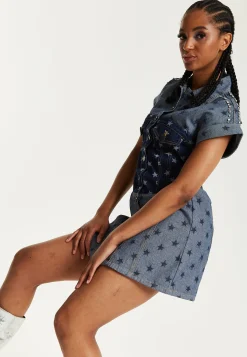 House of Holland Two Tone Denim Star Print Short Sleeve Skater Dress