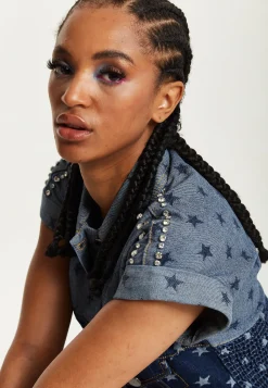 House of Holland Two Tone Denim Star Print Short Sleeve Skater Dress