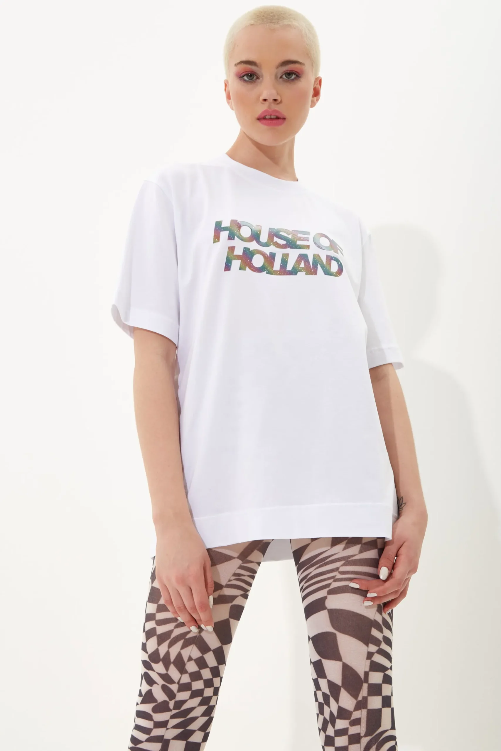 House Of Holland Unisex White T-Shirt With Shimmer Rainbow Transfer Pr
