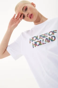House Of Holland Unisex White T-Shirt With Shimmer Rainbow Transfer Pr