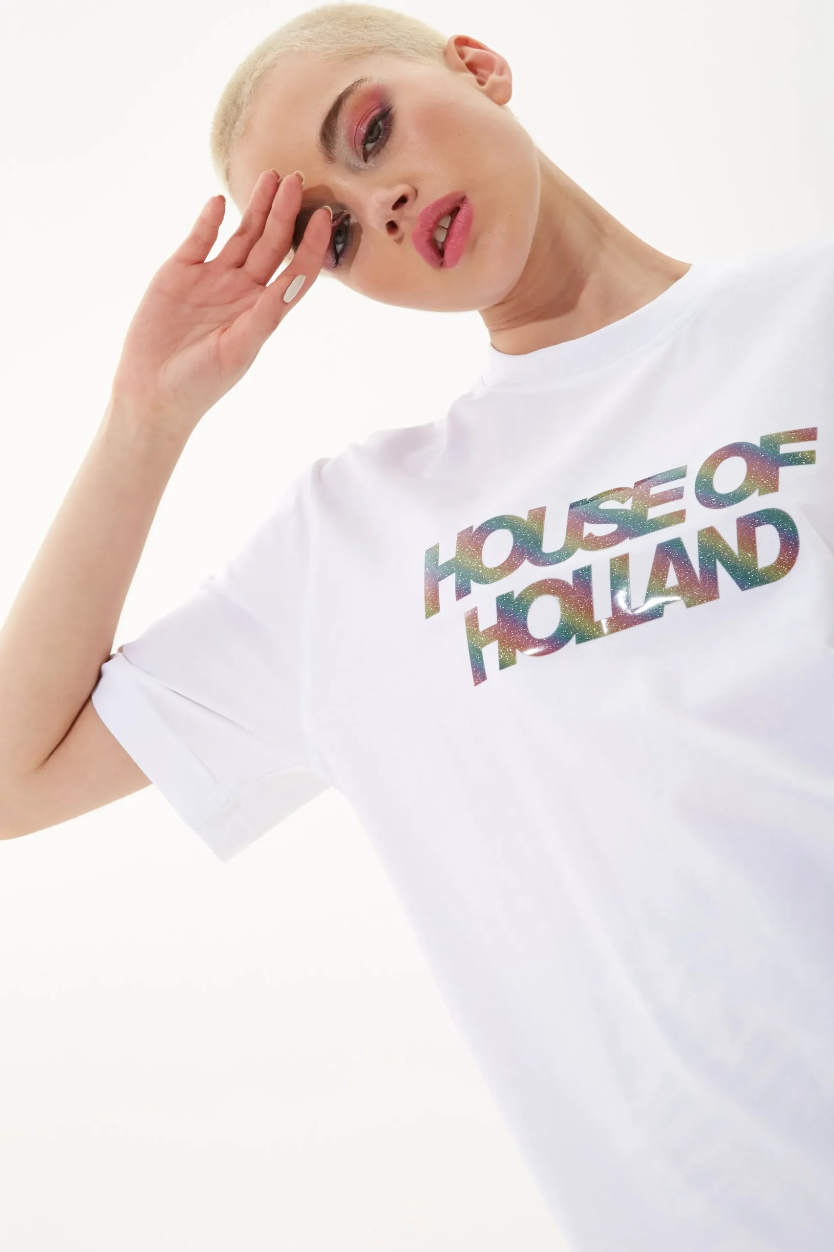 House Of Holland Unisex White T-Shirt With Shimmer Rainbow Transfer Pr