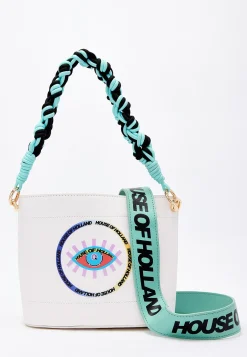 House Of Holland White Crossbody Bag with Printed Logo and Plait Handl