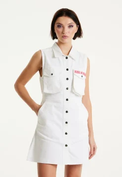 House Of Holland White Denim Mini Dress With Skater Embroidery