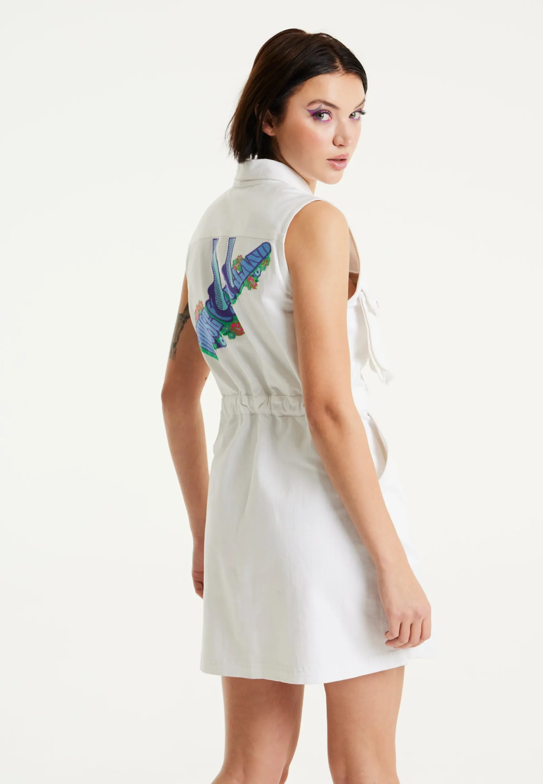 House Of Holland White Denim Mini Dress With Skater Embroidery