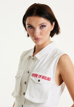 House Of Holland White Denim Mini Dress With Skater Embroidery