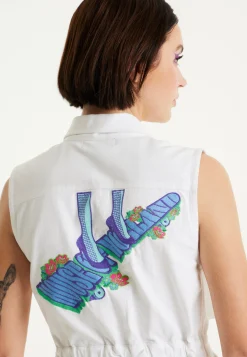 House Of Holland White Denim Mini Dress With Skater Embroidery
