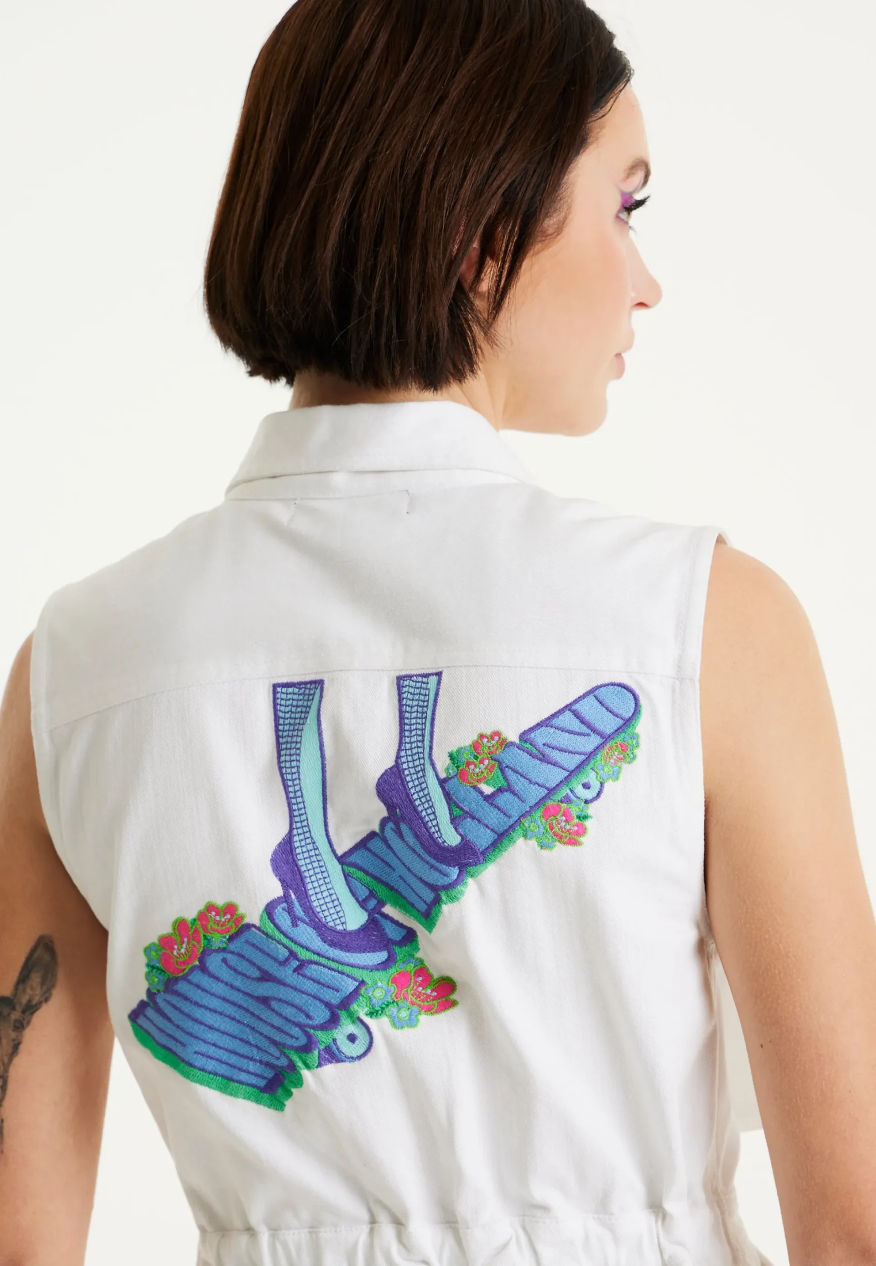 House Of Holland White Denim Mini Dress With Skater Embroidery