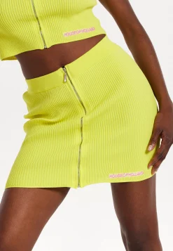 House of Holland Yellow Knitted Rib Mini Skirt with a Front Zip