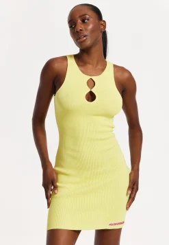 Lemon Yellow Ribbed Cut-Out Mini Dress