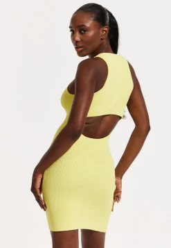 Lemon Yellow Ribbed Cut-Out Mini Dress