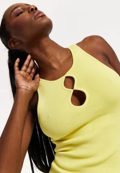 Lemon Yellow Ribbed Cut-Out Mini Dress