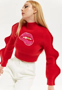 Lip Embroidery Wave Sleeve Jumper In Red