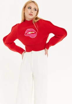 Lip Embroidery Wave Sleeve Jumper In Red