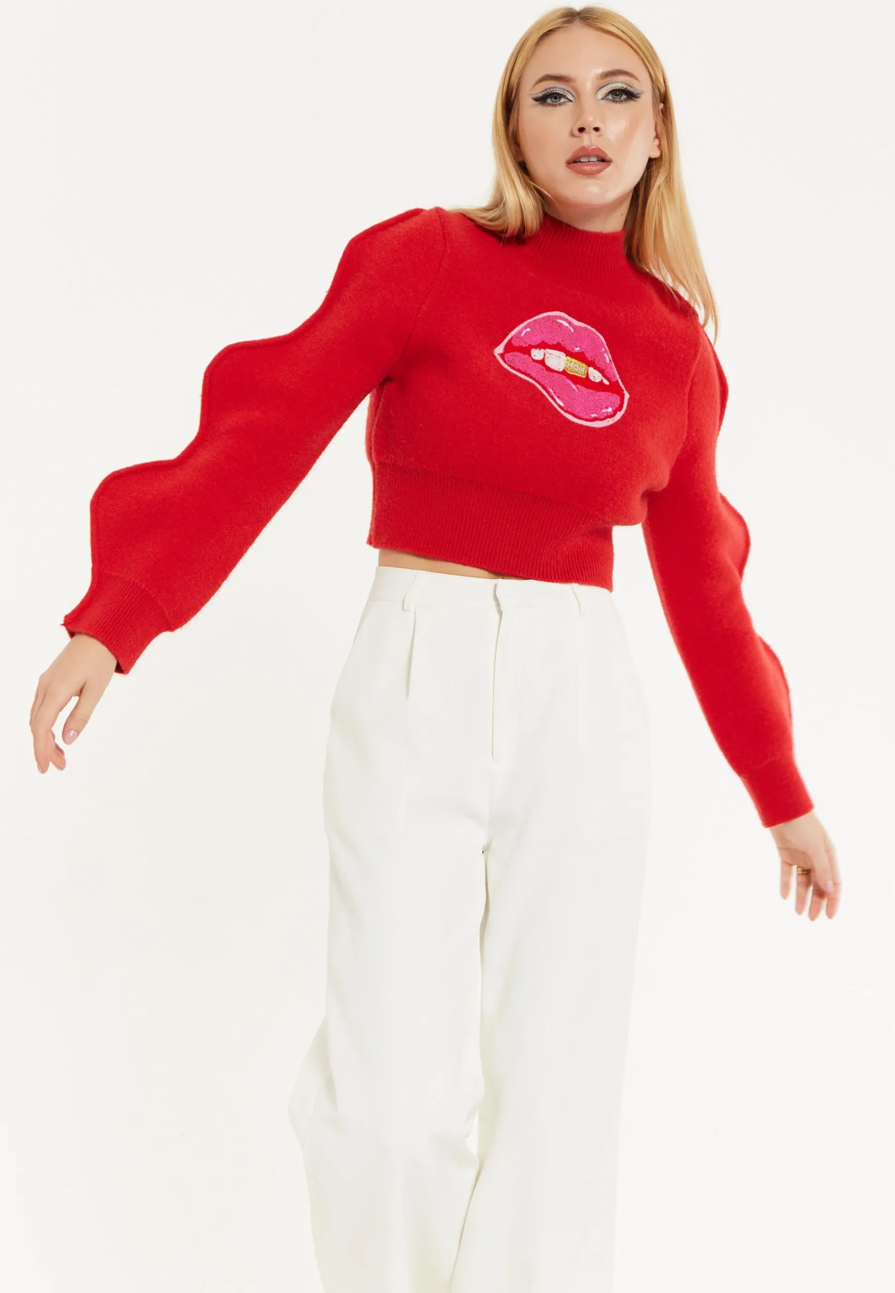 Lip Embroidery Wave Sleeve Jumper In Red